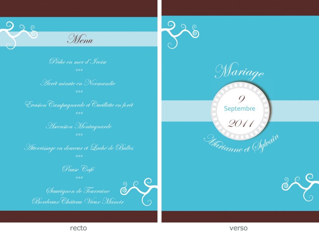 Création de menu de mariage sur le thème du voyage. chocolat / turquoise